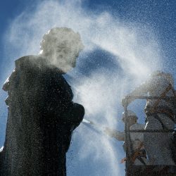 In this photo taken on Tuesday, April 16, 2019, a worker cleans the statue of famous Russian poet Alexander Pushkin in Moscow, Russia. (AP Photo/Maxim Marmur),Image: 679723273, License: Rights-managed, Restrictions: PHOTO TAKEN ON TUESDAY, APRIL 16, 2019, Model Release: no, Credit line: ČTK / AP / Maxim Marmur