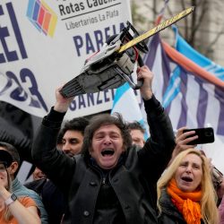 Presidential hopeful of the Liberty Advances coalition Javier Milei brandishes a chainsaw during a rally in La Plata, Argentina, Tuesday, Sept. 12, 2023. General elections are set in Argentina for Oct. 22.(AP Photo/Natacha Pisarenko),Image: 804846719, License: Rights-managed, Restrictions: This content is intended for editorial use only. For other uses, additional clearances may be required., Model Release: no, Credit line: ČTK / AP / Natacha Pisarenko