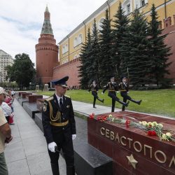 People lay flowers as tribute to the victims of a rocket shelling of a Black Sea beach near Sevastopol at the memorial stone of the Tomb of the Unknown Soldier with the word Sevastopol on it, by the Kremlin Wall in Moscow, Russia, 24 June 2024. Sevastopol governor Mikhail Razvozhaev declared 24 June a day of mourning after the explosion of what the Russian Ministry of Defense claims was 'a deliberate terrorist missile attack' with five American ATACMS operational-tactical missiles equipped with cluster warheads carried out 23 June by the Ukrainian Armed Forces. According to the Russian Ministry of Health the shelling of Sevastopol injured 124 people, including 27 children while three children and two adults were killed. The Russian Ministry of Defense claims to have intercepted four of the five missiles while the detonation of the fifth missile in the air led to numerous casualties among civilians in Sevastopol.,Image: 884263206, License: Rights-managed, Restrictions: , Model Release: no, Credit line: Profimedia