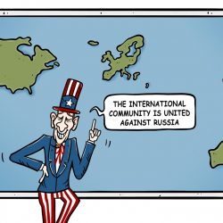 „Medzinárodné spoločenstvo je zjednotené proti Rusku,“ tvrdí Strýko Sam. Karikatúra z čínskeho denníka Global Times