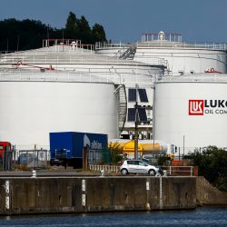 A view of fuel tanks of Russian multinational energy corporation Lukoil at its headquarters in Brussels, Belgium, 02 September 2022. Chairman of the Lukoil company, Ravil Maganov, reportedly died on 01 September after falling from the window of a Moscow hospital.,Image: 718781926, License: Rights-managed, Restrictions: , Model Release: no, Credit line: Profimedia