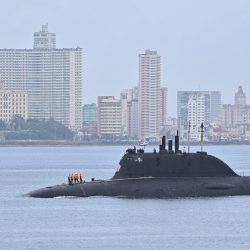 The Russian nuclear-powered submarine Kazan, part of the Russian naval detachment visiting Cuba, arrives at Havana's harbour, June 12, 2024. The Russian nuclear-powered submarine Kazan -- which will not be carrying nuclear weapons -- and three other Russian naval vessels, will dock in the Cuban capital from June 12-17. The unusual deployment of the Russian military so close to the United States -- particularly the powerful submarine -- comes amid major tensions over the war in Ukraine, where the Western-backed government is fighting a Russian invasion.,Image: 881010255, License: Rights-managed, Restrictions: , Model Release: no, Credit line: ADALBERTO ROQUE / AFP / AFP / Profimedia