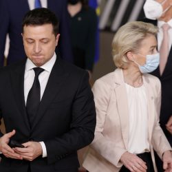 European Commission President Ursula von der Leyen, right, and Ukraine's President Volodymyr Zelenskyy, left, during a group photo of EU leaders and Eastern Partnership countries at an Eastern Partnership Summit in Brussels, Wednesday, Dec. 15, 2021. European Union leaders meet with partner nations on its eastern borders on Wednesday, with the Russian military buildup on Ukraine's border as the main point of focus. (AP Photo/Olivier Matthys),Image: 678998198, License: Rights-managed, Restrictions: , Model Release: no, Credit line: ČTK / AP / Olivier Matthys