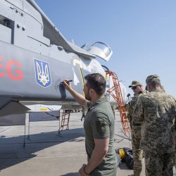 Ukrainian President Volodymyr Zelenskyy meets with servicemembers of the Ukrainian Air Force, who presented him with a signed pilot's helmet, as they honor the Day of the Air Force of the Armed Forces of Ukraine on Sunday, August 6, 2023. Zelenskyy observed several weapons provided by Western partners, including ZUNI air-to-surface missiles, Storm Shadow (one of which he signed) missiles, and AGM HARM anti-radiation missiles before spending time in a flight simulator provided to Ukraine by the Czech Republic to train pilots to operate Western-style F-16 aircraft. Photo via ice/UPI,Image: 794819578, License: Rights-managed, Restrictions: , Model Release: no, Credit line: UKRAINIAN PRESIDENTIAL PRESS OFF / UPI / Profimedia