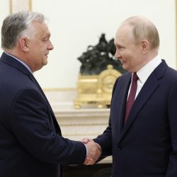 Russian President Vladimir Putin, right, and Hungarian Prime Minister Viktor Orban shake hands during a meeting in Moscow, Russia, Friday, July 5, 2024. (Valeriy Sharifulin, Sputnik, Kremlin Pool Photo via AP),Image: 887457610, License: Rights-managed, Restrictions: This content is intended for editorial use only. For other uses, additional clearances may be required. POOL PHOTO, Model Release: no, Credit line: ČTK / AP / Valeriy Sharifulin