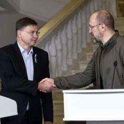 Prime Minister of Ukraine Denys Shmyhal (R) shakes hands with Executive Vice-President of the European Commission Valdis Dombrovskis during their joint briefing in Kyiv, capital of Ukraine.
Denys Shmyhal and Valdis Dombrovskis meet press in Kyiv, Ukraine - 18 Nov 2022,Image: 738533240, License: Rights-managed, Restrictions: This photo cannot be distributed in the Russian Federation., Model Release: no, Credit line: Profimedia