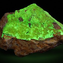 Vzácny minerál uramfit pod ultrafialovým svetlom