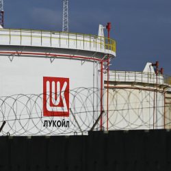 This photograph taken on March 17, 2022, shows Lukoil fuel storage tanks at Rosenets Port terminal near the city of Burgas at the Black sea coast.
 Bulgaria cannot afford to back a ban on Russian oil and gas imports as part of sanctions against Moscow over its invasion of Ukraine, Prime Minister Kiril Petkov said on March 8. Sofia receives 77 percent of its natural gas from Russia's Gazprom and its sole oil refinery -- the largest on the Balkans -- is owned by Russia's Lukoil.,Image: 671955518, License: Rights-managed, Restrictions: , Model Release: no, Credit line: Nikolay DOYCHINOV / AFP / AFP / Profimedia